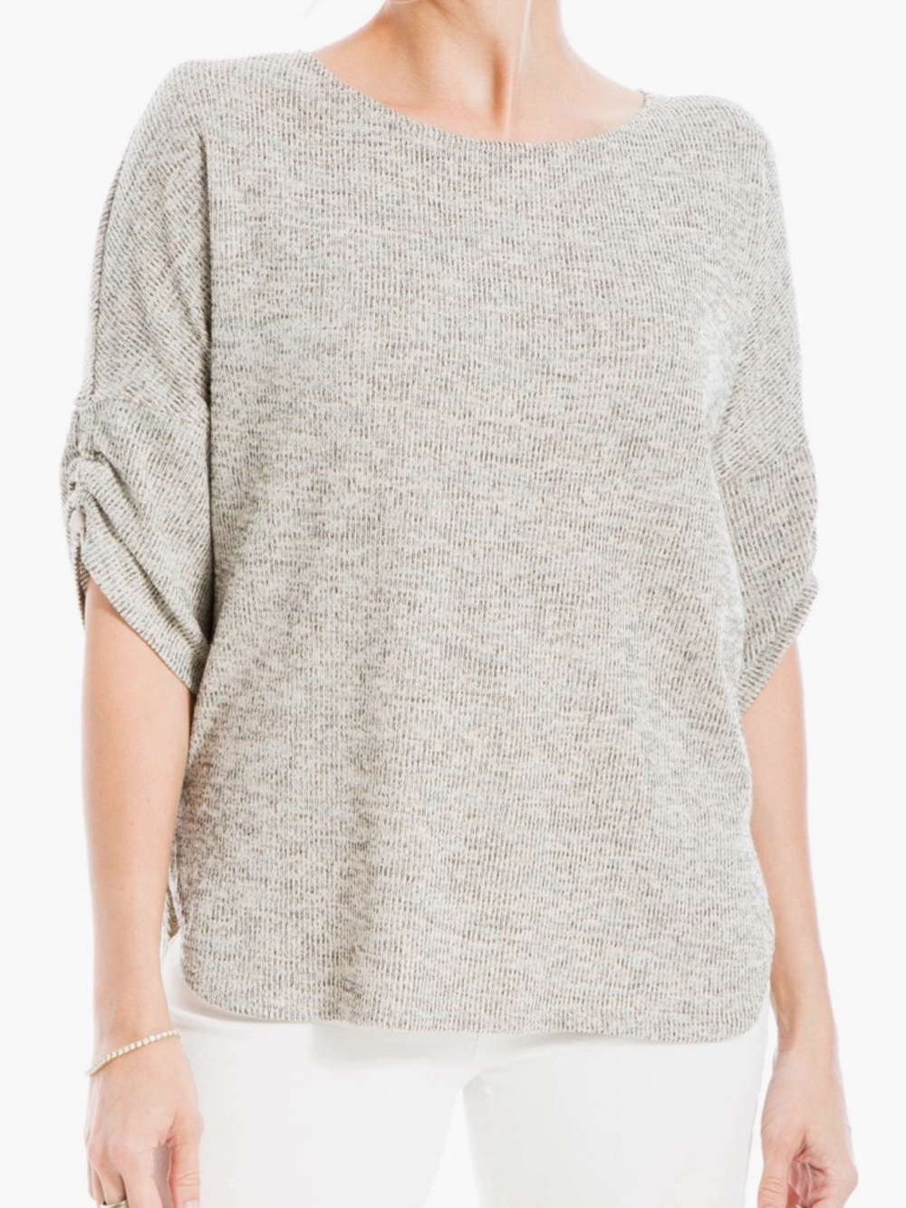 Max Studio Ruched Sleeve Knit Neutral Oat Black Knit Top